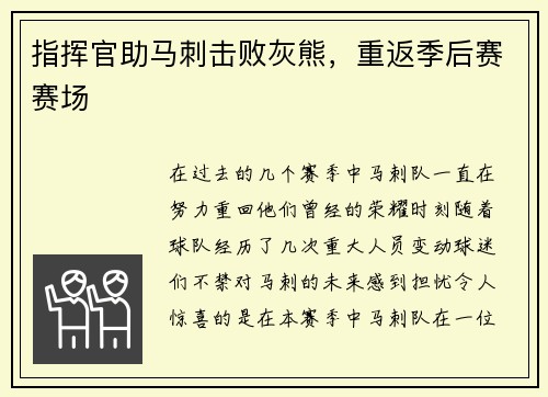 指挥官助马刺击败灰熊，重返季后赛赛场